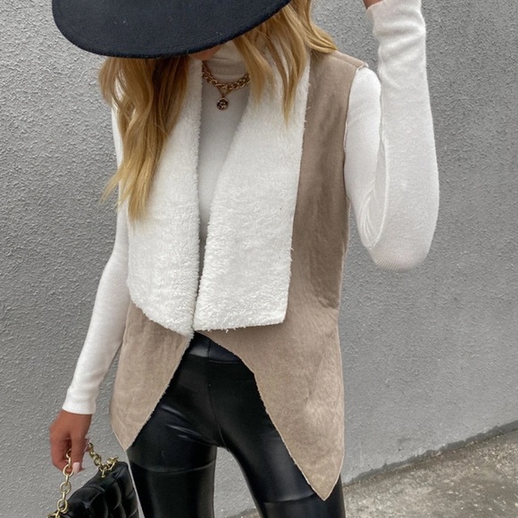 Jackets & Blazers - Teddy shearling lined vegan suede fold over collar vest tan khaki cream